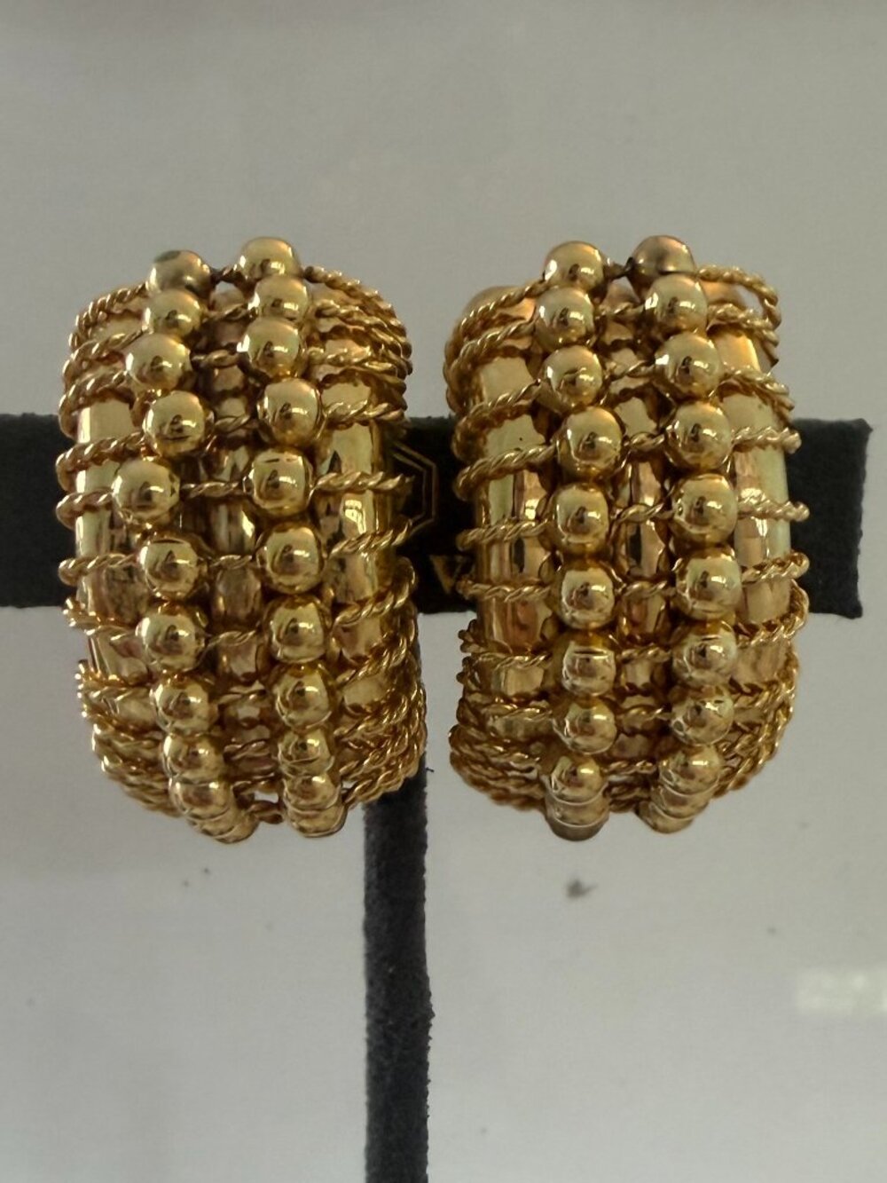 Vintage Oversized Gold Tone Demi Hoop Earrings with Gold Beads and Cording